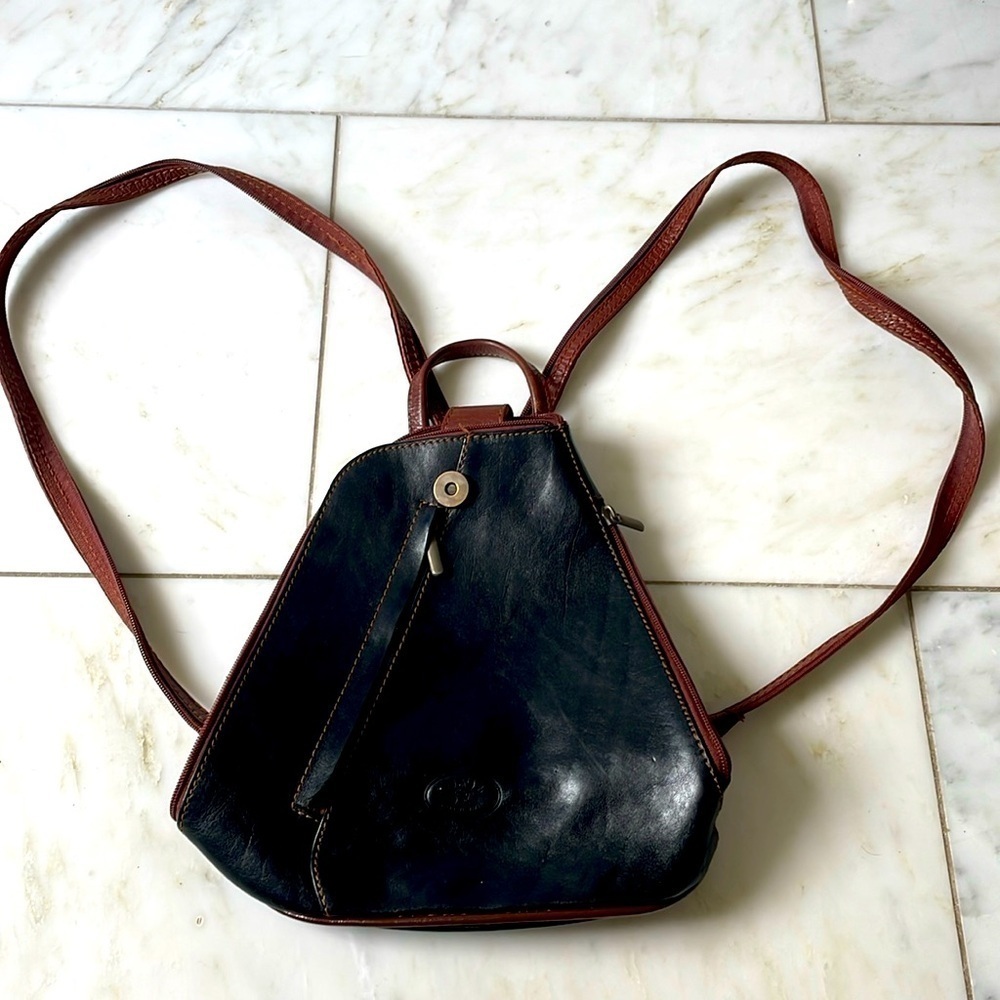 Silvia convertible black leather mini backpack or sling bag w/two outer pockets